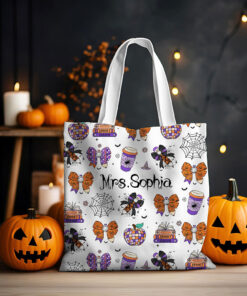 Personalized Teacher Halloween Pencil Tote Bag, Spooky Teacher Tote Bag, Coquette Pencil Gift, Trendy Halloween Gift QFHA4060802