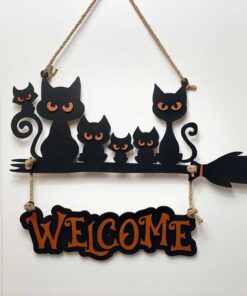 Custom Layered Halloween Black Cat Family On Broom Door Hanger, Wooden 3D Welcome Door Sign, Halloween Fall Cute Cat Decor Gift QFTD4080802