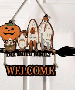 Custom Halloween Family On Broom Door Hanger, Wooden 3D Welcome Door Sign, Halloween Fall Decor Gift QFTD4080801