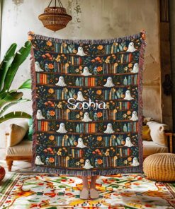 Personalized Boho Bookish Ghost Woven Blanket, Ghost On The Shelf Printed 3D Faux Embroidery Throw Blanket, Halloween Gift For Book Lovers QFHM4120804