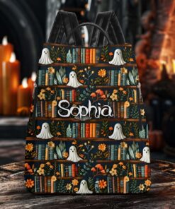 Personalized Boho Bookish Ghosts Leather Backpack, Ghost On The Shelf Printed 3D Faux Embroidery Backpack, Halloween Gift For Book Lovers QFHM4120805