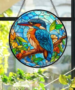 Kingfisher Stained Glass Suncatcher, Bird Flower Stained Glass Window Hanging, Anniversary Gift Birthday Gift, Christmas Gift, Gift For Mom QFND4290802