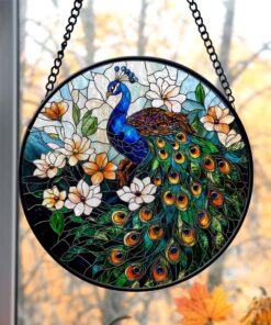 Peacock Flowers Stained Glass Suncatcher for Window Hanging Wall Decor Art Gift for Peacock Lovers Wall Hanging Ornament Ideal Gift for Mom QFHM4120806