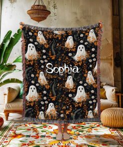 Personalized Halloween Cute Floral Ghost Throw Blanket, Spooky Season Decor, Spooky Vibes Blanket QFUU4050805