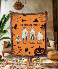 Personalized Ghost Family Woven Blanket, Halloween Ghost Family Blanket, Custom Family Portrait with Pets Bedding Decor, Family Portrait Throw, Halloween Blanket QFLT4080301