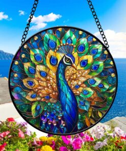 Peacock With Flowers Stained Glass, Peacock Suncatcher For Window Hanging Wall Decor, Gift For Peacock Lovers, Ornament Ideal Gift for Mom QFND4290803