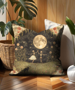 Halloween Throw Pillow Cover Dancing Skeletons Spooky Season Home Decor Gift, Unique Halloween Harvest Moon Living Room Accent Pillow Covers QFTO4140802