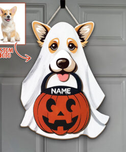 Halloween Door Hanger, Ghost Dog Door Hanger, Dog Welcome Door Sign, Front Door Wreath, Halloween Decor, Halloween Decoration QFTO4150801