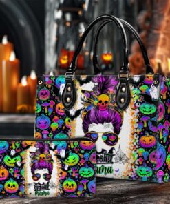 Halloween Spooky Mama Handbag, Pumpkin Ghost Print Handbag, Halloween Mom Handbag, Purple Pink Handbag QFND4010803