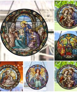 Set Of 5 Christian Nativity Scene Of Baby Jesus, Mary, Joseph Stained Glass Ornament, Holy Family Ornament, Jesus Christmas Decor Gift QFLT4230802