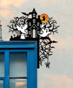 Halloween Door Corner Metal Sign Haunted Mansion with Ghost Door Topper Halloween Silhouette Door Topper Halloween Decor Halloween Gift QFTD4010805