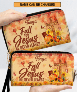 Personalized Fall For Jesus He Never Leaves Leather Wallet, Christian Gift NPNT4020851