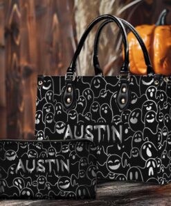Personalized Cute Ghost Black PU Leather Handbag Halloween Bags QFTD4030814