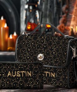 Personalized Cute Ghost Black PU Leather Satchel Bag Handbag Halloween Bags QFTD4020801