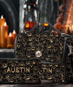 Personalized Cute Ghost Black PU Leather Satchel Bag Handbag Halloween Bags QFTD4020802