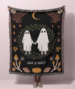 Personalized Ghost Couple Woven Blanket Halloween Wedding Goth Wedding QFTD4030806