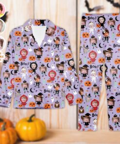 Custom Face Family Halloween Satin Pajamas Set, Halloween Pajamas, Halloween Doodles Pajamas, Matching Pajamas, Couples, Pyjamas, Kids Pajamas QFHM4200802