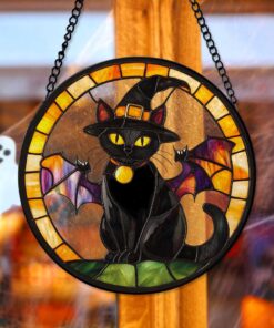 Halloween Black Cat Glass Suncatcher, Witch Cat Halloween Home Decor, Spooky Season Outdoor Decor, Cat Lover Gift QFTD4090801