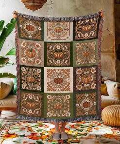 Retro Fall Pumpkin Blanket Woven Cozy  Autumn Colors Home Decor Whimsical Halloween Throw Blanket Book Nook Room Decor Fall Vibes Cute QFTD4030809
