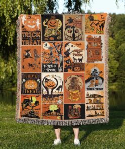 Retro Vintage Spooky Season Halloween Woven Throw Blanket Vintage Jack-o'-lantern Woven Tapestry Halloween watching movie blanket QFTD4030801