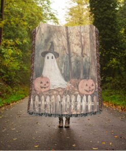 Vintage Ghost Halloween Blanket Woven Tapestry Blanket Pumpkin Throw Fall Home Decor Autumn Cotton Blanket Woven Wall Hanging Spooky QFTD4030804