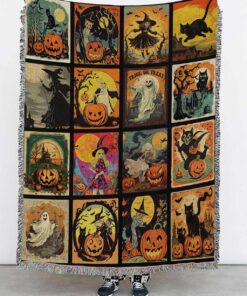 Vintage Halloween Spooky Season Woven Blanket Vintage Jack-o'-lantern Throw Blanket Halloween Watching Movie Blanket Fall Pumpkin Blanket QFTD4030810