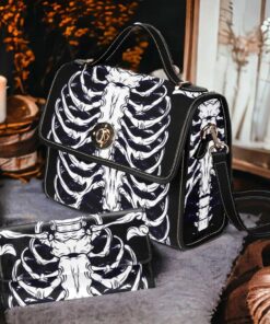 Kawaii Goth Halloween Canvas Satchel bag, Black skeleton purse, Vegan leather strap Dark Cottagecore little black boxy boho hippies bag QFTD4040902