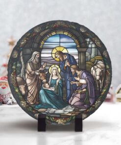 NATIVITY SCENE Slate, Holy Family Stone, Unique Xmas Decor, Colorful Faux Stained Glass Christmas Decor, Mary Joseph Jesus, Religious Gift, Christian Keepsake QFLT4160905