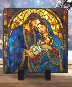 NATIVITY SCENE Stone, Holy Family Stone, Unique Xmas Decor, Colorful Faux Stained Glass Christmas Decor, Mary Joseph Jesus, Religious Gift, Christian Gift QFLT4170903