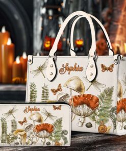 Personalized Woodland treasures, Amanita mushroom, fern, forest plants Vintage Botanical Leather handbag & Wallet, Witch Handbag, Halloween Gift QFND4050902