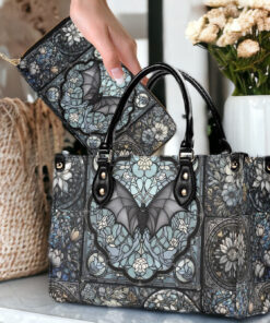 Medieval Dark Academia Bat Floral Stained Glass Handles Leather Handbag & Wallet, Witchy Goth Halloween Handbag QFTD4040903