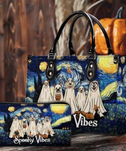 Personalized Halloween Spooky Ghost Dog Leather Handbag + Wallet, Gift for dog lover, pet lover NPHM4090901