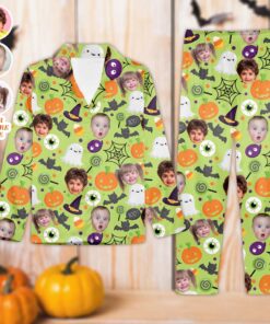 Custom Face Family Halloween Satin Pajamas Set, Halloween Pajamas, Halloween Doodles Pajamas, Matching Pajamas, Couples, Pyjamas, Kids Pajamas QFHM4130906