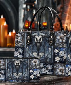 Medieval Dark Academia Bat Floral Stained Glass Handles Leather Handbag, Witchy Goth Halloween Handbag QFHM4011001
