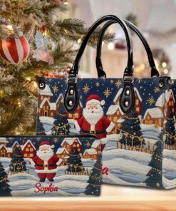 Personalized 2D Flat Santa Claus Faux Embroidered Pu Leather Handbag, Christmas Bags For Women QFPY4291001