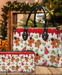 2D Flat Gingerbread Christmas Inflated Leather Handbag & Wallet, Custom Christmas Classic Bags, Handbags For Women, Christmas Gifts QFTO4211001