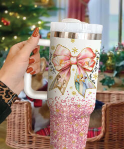 Pink Jesus Christmas Coquette Bow 40 Oz Tumbler, Pink Christmas Nativity Tumbler, Oh Come Let Us Adore Him Tumbler QFLT4121102