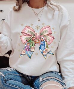 Jesus Christmas Coquette Bow Shirt, Christian Christmas Sweatshirt, Nativity Scene Shirt, Baby Jesus Shirt, Bible Verse Gift QFHA4091103