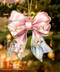 Pink Jesus Christmas Coquette Bow Acrylic Ornament, Pink Christmas Nativity Ornament, Oh Come Let Us Adore Him Ornament QFHM4121102