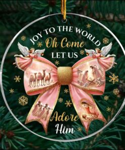 Jesus Christmas Bow Glass Ornament, Christian Christmas Ornament, Pink Nativity Scene Ornament QFTD4131101
