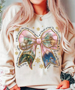 Jesus Christmas Coquette Bow Shirt, Pink Glitter Christian Christmas Sweatshirt, Nativity Scene Shirt, Baby Jesus Shirt, Bible Verse Gift QFHA4091106