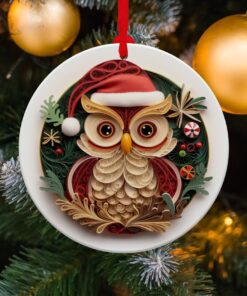 2D Flat Cute Owl Christmas Ceramic Ornament, Owl Christmas Gift For Family, Holiday Tree Decor QFND4041110
