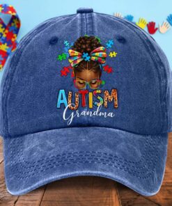 Personalized Afro Messy Bun Autism Mom Distressed Washed Printed Hat, Custom Autism Awareness Hat, Autism Black Mom Hat, Autism Auntie Hat QFTD5260303