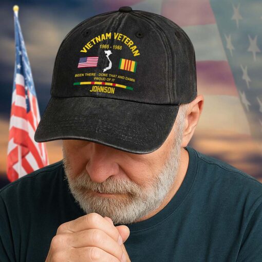 Personalized Distressed Washed Cotton Vietnam Veteran Printed Hat QFTD5210301 - Image 3