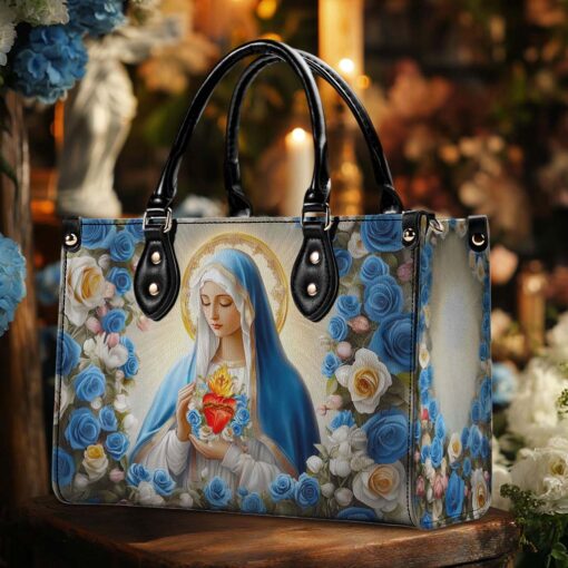 Sacred Heart Virgin Mary Pu Leather Handbag - Blue Rose Floral Religious Bags, Christian Faith Gift for Women QFTD5180301 - Image 2