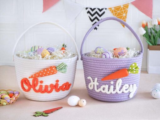 Personalized Easter Basket With Kids Name, Custom Bunny Carrot Rope Basket, Boy Girls Easter Basket, Kids Easter Gift, Baby's First Easter QFTD5050305 - Image 4