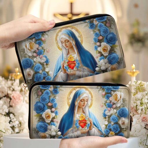 Sacred Heart Virgin Mary Pu Leather Handbag - Blue Rose Floral Religious Bags, Christian Faith Gift for Women QFTD5180301 - Image 3