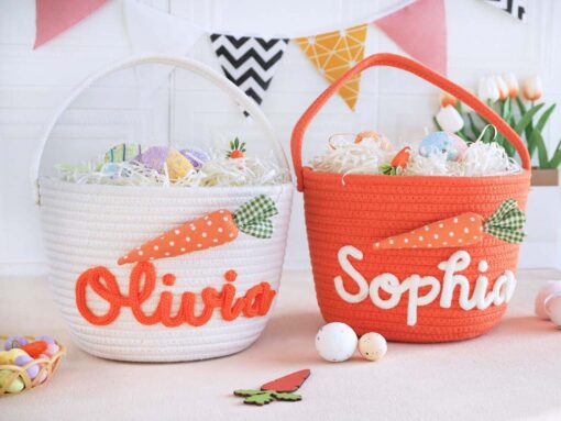 Personalized Easter Basket With Kids Name, Custom Bunny Carrot Rope Basket, Boy Girls Easter Basket, Kids Easter Gift, Baby's First Easter QFTD5050305