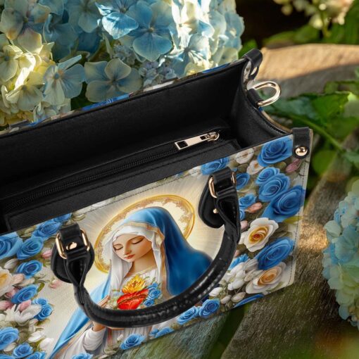 Sacred Heart Virgin Mary Pu Leather Handbag - Blue Rose Floral Religious Bags, Christian Faith Gift for Women QFTD5180301 - Image 5