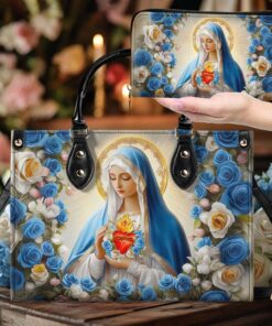 Sacred Heart Virgin Mary Pu Leather Handbag - Blue Rose Floral Religious Bags, Christian Faith Gift for Women QFTD5180301